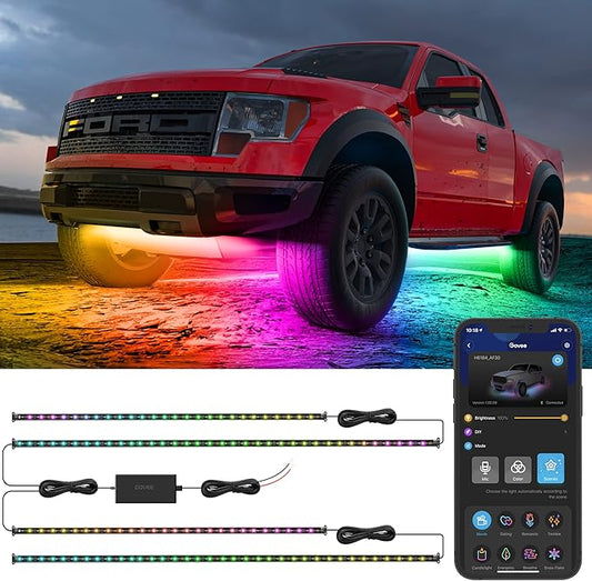 Govee Underglow Car Lights, 4pcs RGBIC Smart LED Lights for Cars with 16 Million Colors and 10 Scene Modes, App Control, Neon Accent Strip Lights for SUVs, Trucks, DC 12-24V