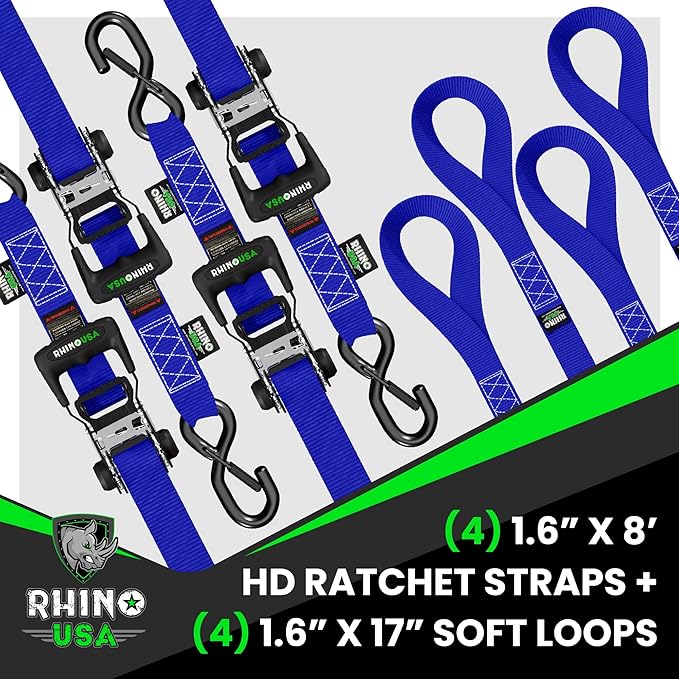 Rhino USA Ratchet Straps Heavy Duty Kit (2-Pack) - 1.6 Inch x 8 Feet Min Break Strength (5,000) - Ultimate Tie Down Straps with Safety S Hooks for Trucks, ATV, UTV, Motorcycle, Cargo & More - Orange