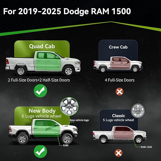 6 Inch Running Boards Compatible with 2019-2025 Dodge Ram 1500 New Body Quad Cab/Extended Cab, Two-Stair Side Step Rail Drop Nerf Bars (Exclude Ram 1500 Classic)