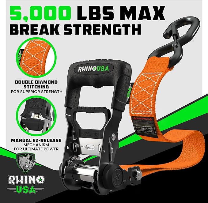 Rhino USA Ratchet Straps Heavy Duty Kit (4-Pack) - 1.6 Inch x 8 Feet Min Break Strength (5,000) - Ultimate Tie Down Straps with Safety S Hooks for Trucks, ATV, UTV, Motorcycle, Cargo & More - Green
