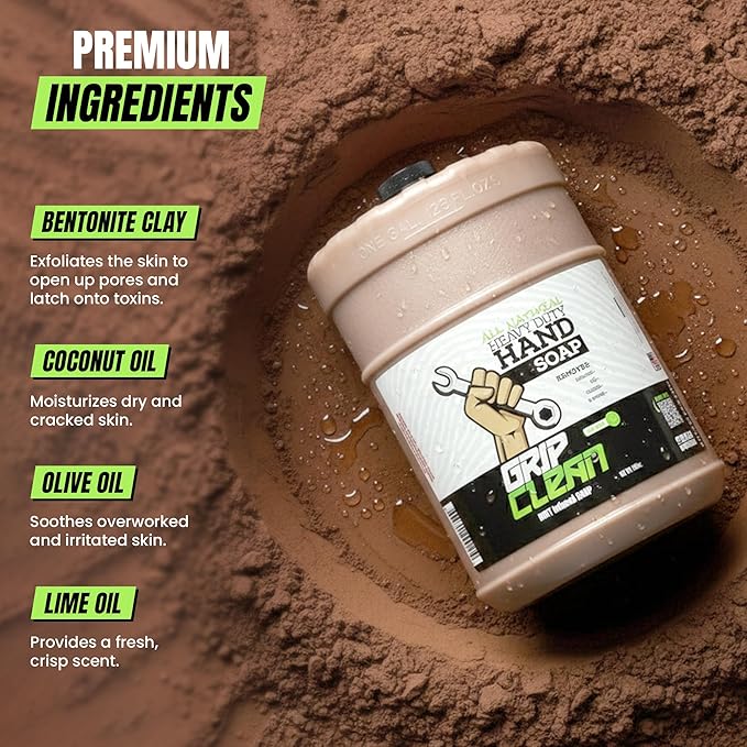 Grip Clean Heavy Duty Hand Cleaner for Mechanics – Natural Pumice & Clay-Infused Technology Removes Grease, Oil & Grime – Moisturizing Liquid Hand Soap for Shop, Garage & Industrial Use – 2 Gallons