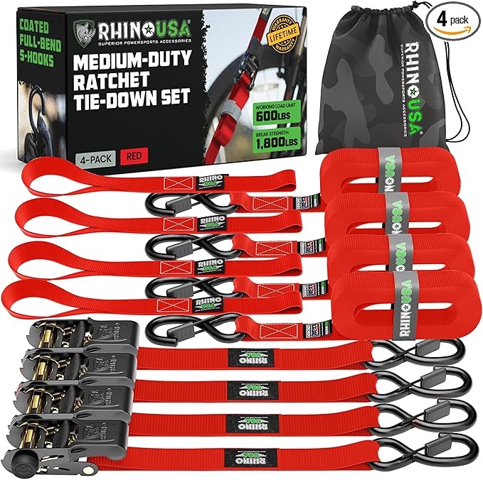 Rhino USA Ratchet Straps Tie Downs (4-Pack) - 1 Inch x 15 Feet (1,823lb Break Strength) - Ultimate Tie Down Straps with Safety S Hooks - for Trucks, Cargo, Moving, Appliances - Red
