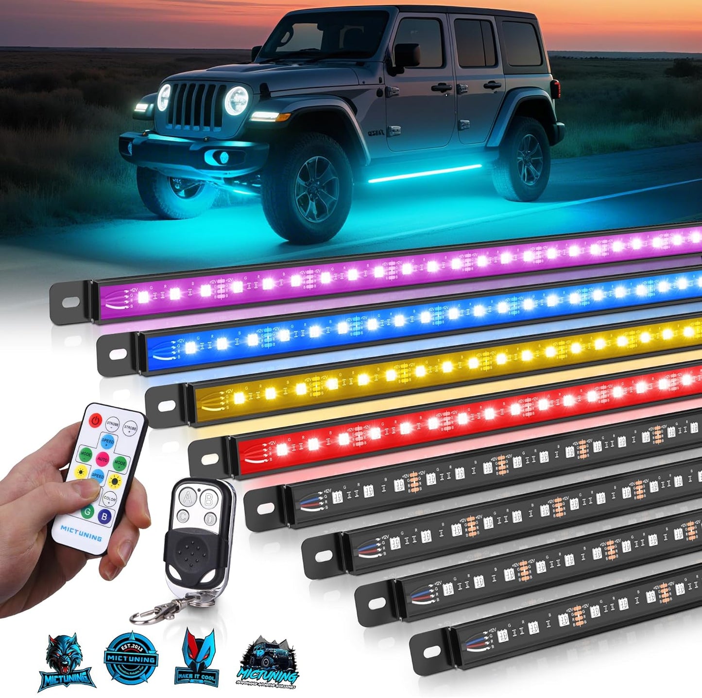 MICTUNING U8 RGB+IC Underglow LED Light Bars (8-Piece Kit) 888 LEDs, Dual Remote Control, Chasing/Fading Modes, IP68 Waterproof Aluminum Housing
