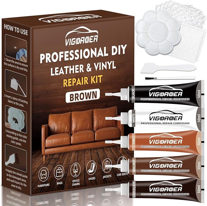 Brown Leather Repair Kit for Furniture, Leather Couch Repair Kit for Car Interior, Sofa, Purse and Jacket, Restore Any Material with Super Easy Instructions to Fix Scratches, Tears, Holes, Peeling