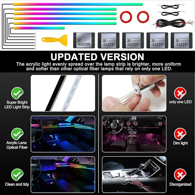 Dreamcolor Acrylic Interior Car LED Strip Light with Wireless APP, RGB 6 in 1 with 175 inches 593 LEDs Fiber Optic Strip Lights for Car, Dynamic Chasing Music Sync Neon Car Ambient Lighting Kits