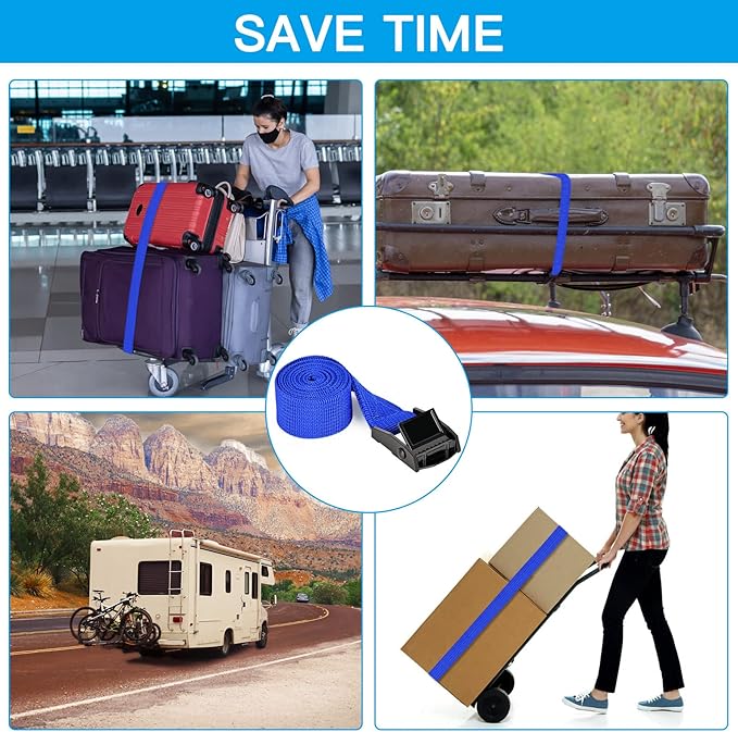 Tie Down Straps 6 Pcs Cam Buckle Strap 3.3' x 1" Adjustable Lashing Cinch Ratchet Tie-Down Straps for Cargo, Trucks, Luggage, Trailer, Motorcycle (Blue)