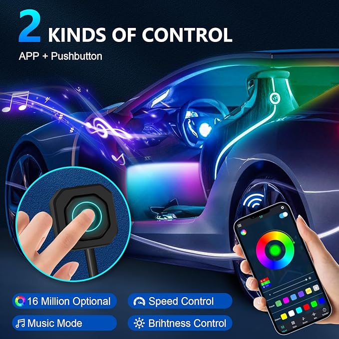 RGB Acrylic Ambient Lighting Car Lights, LED Strip Lights with APP Control, 593 LEDs Interior Car Lights, 6 in 1 Neon Car Ambient Lighting Kit