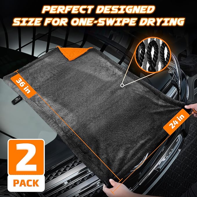 2-Pack 1200 GSM Car Drying Towels – Microfiber Towels for Cars (36" x 24"), Ultra-Absorbent, Streak-Free, Scratch-Free, No Water Spots, Double-Twist Pile & Edgeless Design(Orange)
