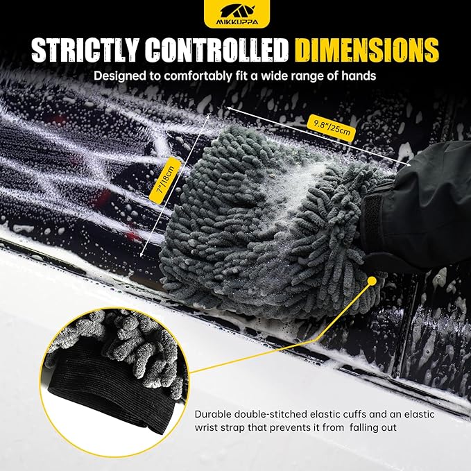 MIKKUPPA Car Wash Mitt Microfiber - Double-Sided Chenille Scratch Free Mitt with Waterproof Inner for Car Washing Home Cleaning (Yellow & Gray, 2Pack, 10'' x 7'')