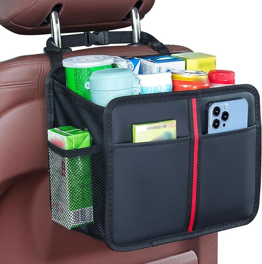 Hanging Car Seat Organizer Backseat Car Organizer - Premium PU Leather Car Backseat Organizer Road Trip Essentials, Multifunction Car Seat Back Organizer for Kids & Adults (Black)