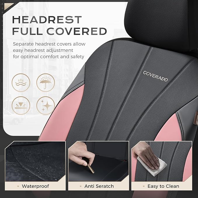 Coverado Car Seat Covers, Luxury Front Seat Covers, Leather Car Seat Protectors, Pink Automotive Seat Covers Universal Fit for SUVs Trucks Sedans