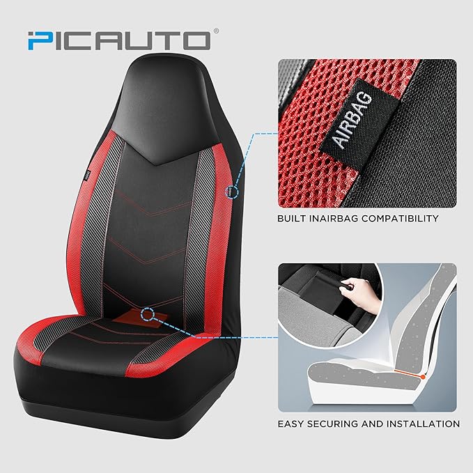 PIC AUTO Leather Car Seat Covers, Sports Carbon Fiber & Mesh Design, High-Back Full Set, Waterproof Automotive Seat Covers, Airbag Compatible, Universal Fit for Cars, SUVs, Trucks (Black & Red)