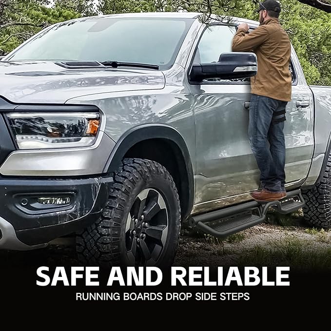Running Boards Side Steps Compatible with 2019-2025 Dodge Ram 1500 Crew Cab New Body Design, Bolt-on Nerf Bar Step Rail Bars, Heavy-Duty Steel Two Stairs Design (Black, Star Logo)