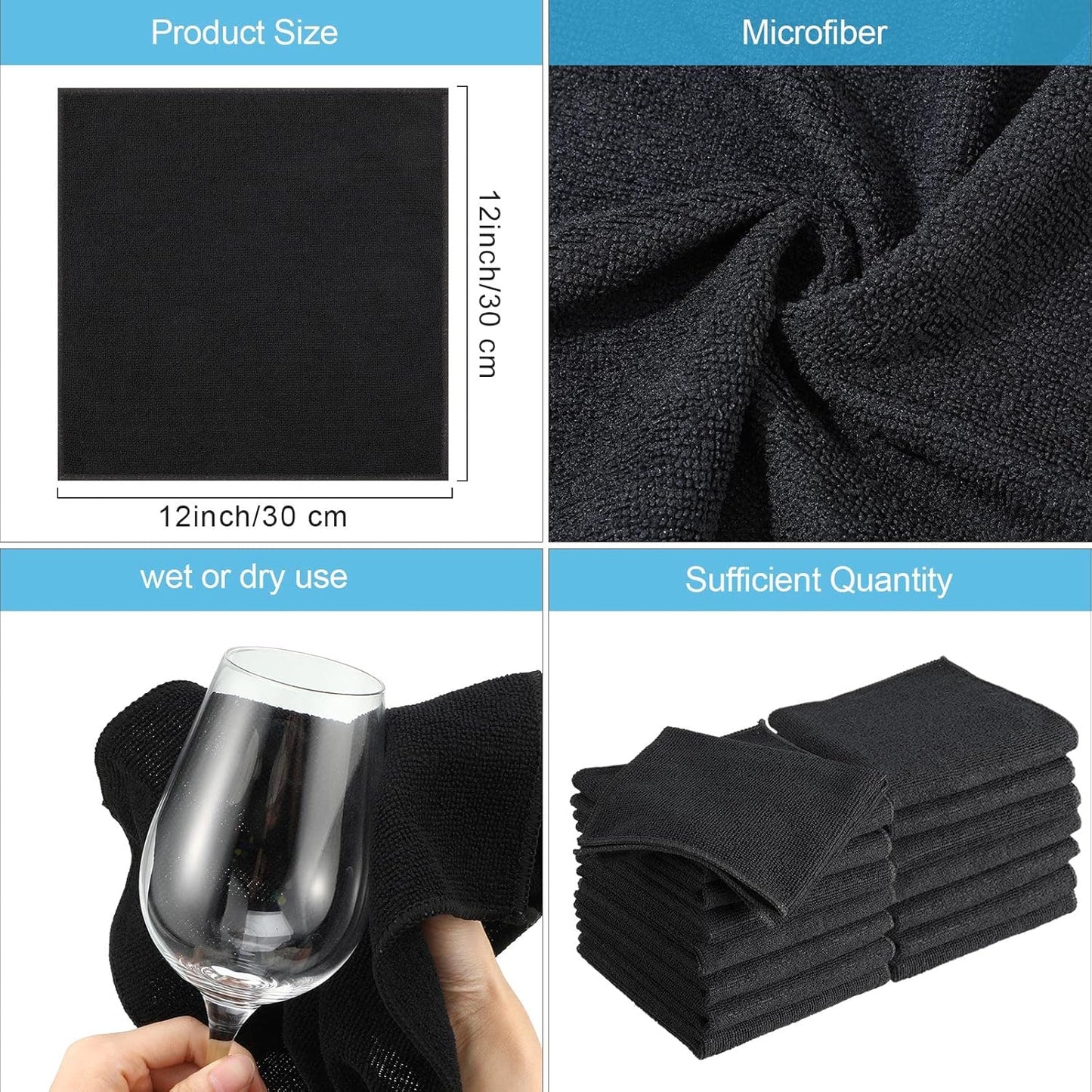 Tenare 100 Pack 12'' x 12'' Microfiber Cleaning Cloths Reusable Cleaning Rags Bulk Microfiber Towels Softer Highly Absorbent Washcloths for House Kitchen Car Window(Black)
