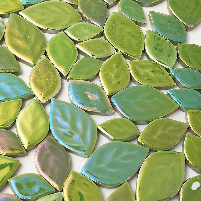 1.1LB Random Iridescent Leaves Ceramics Mosaic Tiles, Making Creative 3 Size Ceramic Mosaic Pieces for DIY Craft,Flowerpots, Vases, Cups, Garden Decor Mosaic Making Supplies (Light Green)
