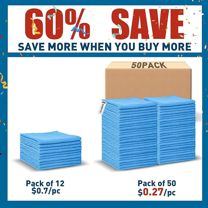 Microfiber Cleaning Cloths-50 Pack, Microfiber Towels Bulk, Towels for Cars & Home, Cleaning Rags Blue (12x12 inches)