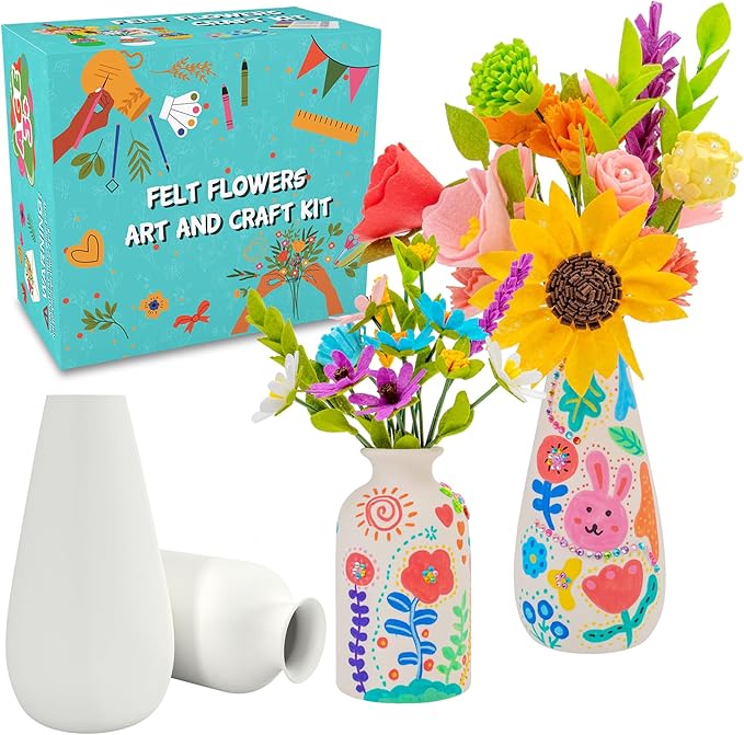 FTBox Crafts Kit for Girls Ages 6-12, Felt Flowers Bouquet and Paint Vase Art Craft Project for Girls, DIY Activity Christmas Birthday Gift for Kids Age 8 9 10 11 12 Year Old (Ceramic Vases)