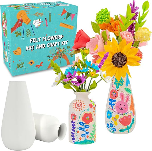 FTBox Crafts Kit for Girls Ages 6-12, Felt Flowers Bouquet and Paint Vase Art Craft Project for Girls, DIY Activity Christmas Birthday Gift for Kids Age 8 9 10 11 12 Year Old (Ceramic Vases)