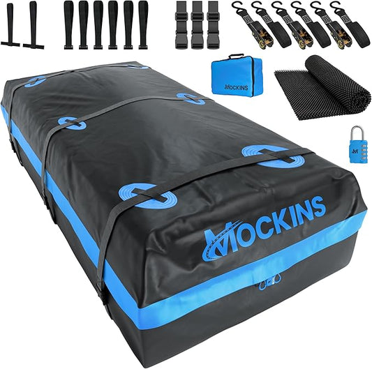 Mockins 35 CuFt XL Car Rooftop Cargo Carrier Bag | 80"x40"x19" Car Top Carrier Without Roof Rack | All Weather Soft-Shell Vinyl Waterproof Cargo Bag for Top of Car Storage w/Roof Bag Accessories