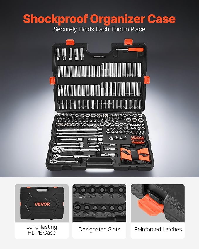 VEVOR Socket Set, 225 Pieces, 3/8 & 1/4 & 1/2 inch Drive Socket and Ratchet Set, SAE and Metric, Deep and Shallow, Mechanic Tool Kit with Bits, Accessories, Storage Case, CR-V Alloy Steel, for Repair