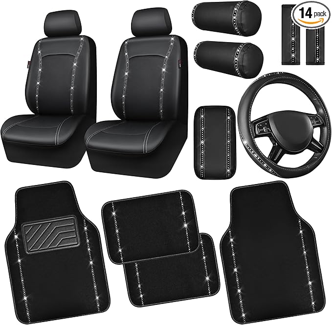 CAR PASS 14 PCS Bling Diamond Car Accessories Set for Women, Leather Seat Covers Front Seats Sparkly Rhinestone 15'' Steering Wheel Covers Shining Diamond Car Floor Mats Cute Interior Sets, Silver