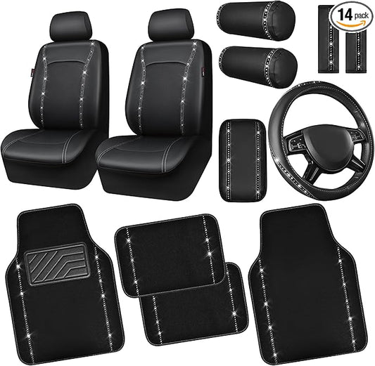 CAR PASS 14 PCS Bling Diamond Car Accessories Set for Women, Leather Seat Covers Front Seats Sparkly Rhinestone 15'' Steering Wheel Covers Shining Diamond Car Floor Mats Cute Interior Sets, Silver