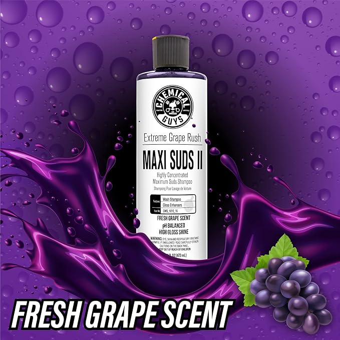 Chemical Guys CWS 1010 64 Maxi-Suds II Foaming Car Wash Soap (Works with Foam Cannons, Foam Guns or Bucket Washes) Safe for Cars, Trucks, Motorcycles, RVs & More, 64 fl. Oz (Half Gallon), Grape Scent