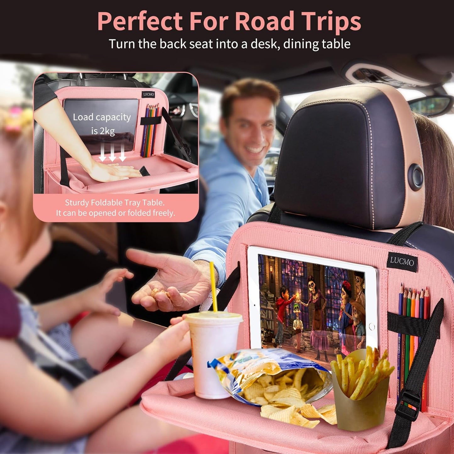 LUCMO Car Backseat Organizer with Tablet Holder,6 Storage Pockets Car Storage Organizer with Foldable Food Tray,Seat Protectors Kick Mats Travel Accessories-Pink