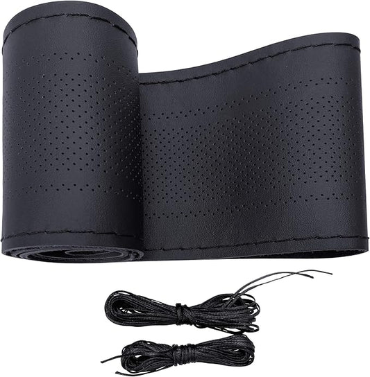 Carodi Leather Steering Wheel Cover, Breathable Non-Slip Design, Soft and Comfortable Feeling, Universal 15 Inch Auto Car Steering Wheel Stitch on Wrap（Size M, Black）