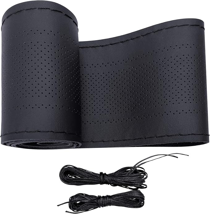 Carodi Leather Steering Wheel Cover, Breathable Non-Slip Design, Soft and Comfortable Feeling, Universal 15 Inch Auto Car Steering Wheel Stitch on Wrap（Size M+, Black）