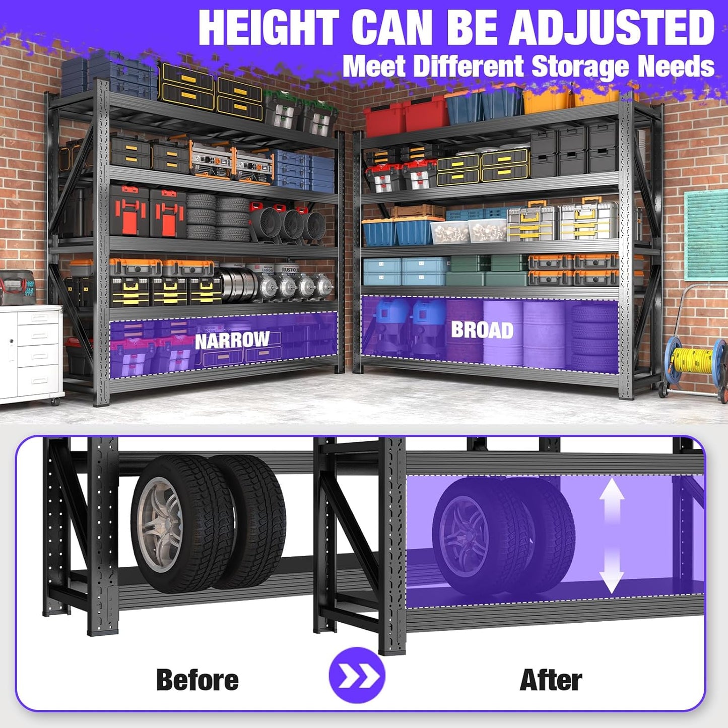 Metal Garage Shelving Heavy Duty, 5-Tier Adjustable Wire Storage Garage Shelves, 8000 LBS Loads Industrial Shelving Units for Garages, Warehouses, Kitchen, Black, 59" W x 24" D x 71" H,2 Pack