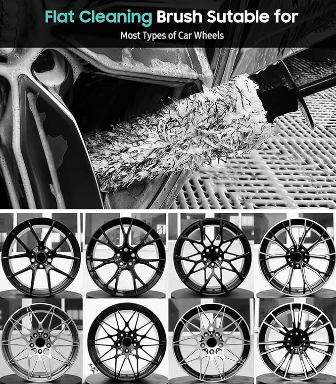 YeewayVeh 2PCS Car Wheel Cleaning Brush, Microfiber Flat Wheel Rim Cleaner Brush with Extra Removable Cover, Car Cleaning Brush for Wheels Tire Fenders Engine Exhaust Tips, Black&White
