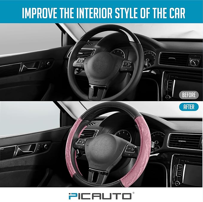 PIC AUTO Steering Wheel Cover, Silk Grain Leather Car Steering Wheel Protector, Comfortable Grip, Universal 14.5-15.5 Inch Anti-Slip Steering Wheels Accessories for Men & Women (Pink)