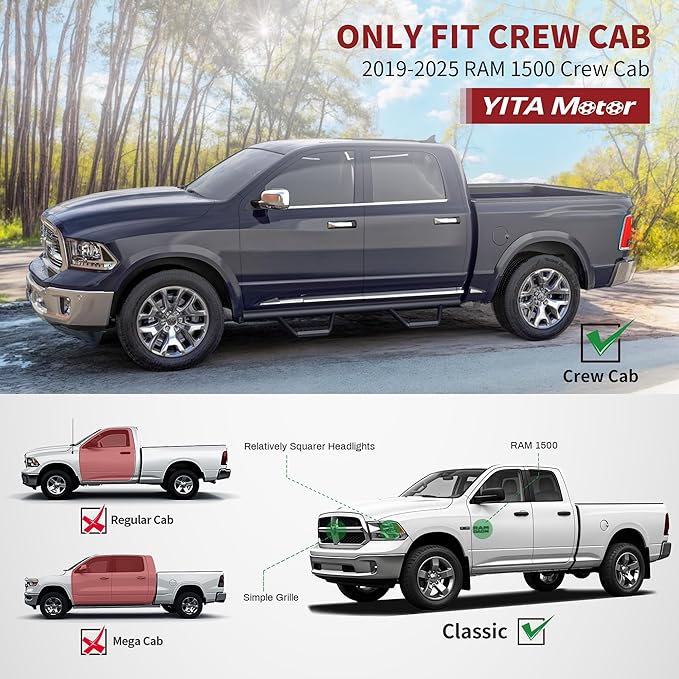YITAMOTOR Running Boards Compatible with 2019-2025 Dodge Ram 1500 Crew Cab New Body Style Nerf Bars Side Step (Exclude 1500 Classic)