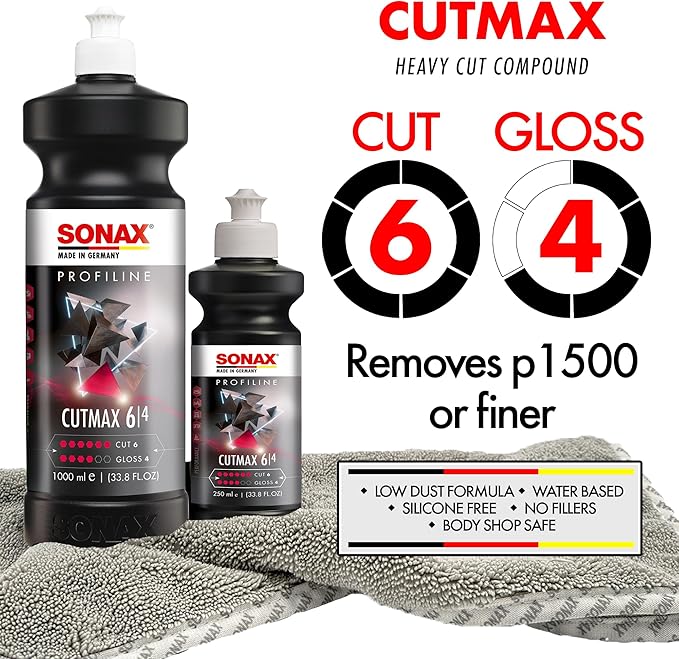 SONAX CutMax Compound 246141 | High-Abrasive Paint Correction Polish for P1500 Grit Sanding Marks | Silicone-Free, Dust-Free, and Odorless | Long Buffing Cycle for Severe Weathered Paint | 250ml