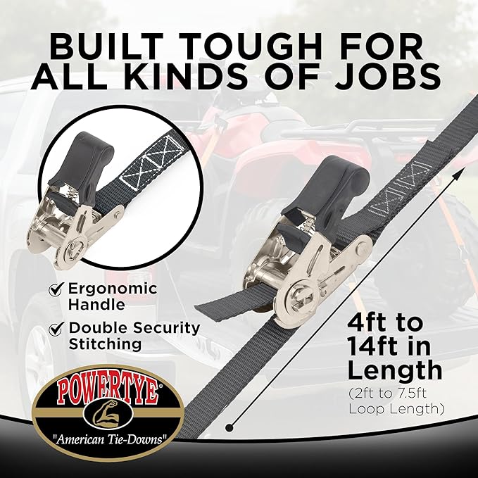 PowerTye - Endless Ratchet Strap - 1in x 4ft Easy Grip (Hookless), Tie Down Strap w/ 400 lb. Working Load Limit / 1,200 lb. Break Strength, Ideal for Motorcycle, Truck Beds, & Cargos, Yellow 2-Pack