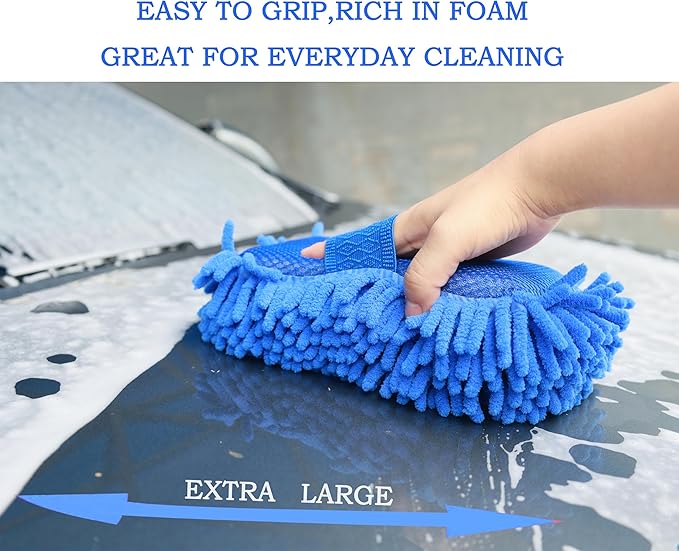 Microfiber Car Wash Sponge-Non-Scratch Wash Mitt-Two Sided Chenille Microfiber Washing Sponge-Mitt for Cars, Trucks, SUVs, Boats(2 Pack Blue)