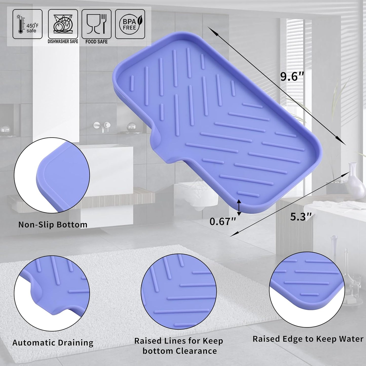 Silicone Bathroom Soap Dishes with Drain Spout-Bathroom and Kitchen Sink Organizer,Sponge Holder,Dish Soap Tray,Perfect for Dispenser,Scrubber,Bottle on Sink or Counter-Light Purple 9.6"×5.3"
