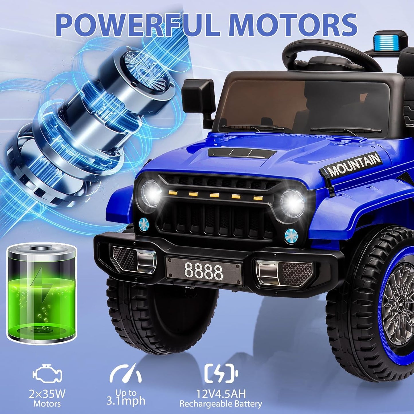 12V Kids Ride on Truck Car, 4 Wheeler Electric Vehicles with Remote Control, Spring Suspension, 3 Speeds, LED Lights, Music, MP3, Battery Powered Ride on Toy Gift for Boys Girls, Dark Blue