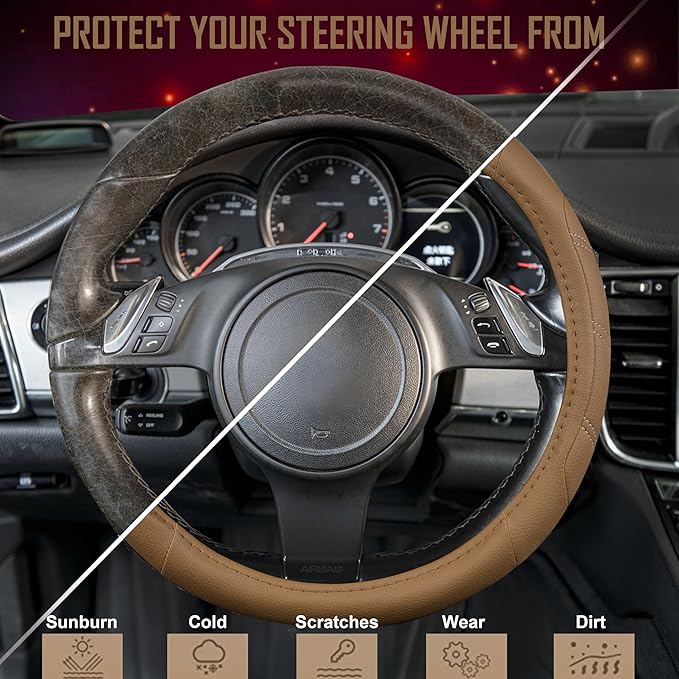 CAR PASS Line Rider Microfiber Leather Sporty Steering Wheel Cover Universal Fits for 95% Truck,SUV,Cars, Anti-Slip Safety Comfortable Desgin (Pure Brown)