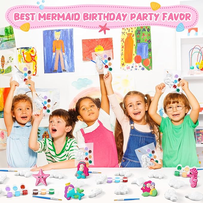 Simgoing 20 Set Dinosaur Unicorn Mermaid Donut Jungle Animal DIY Painting Kit Pumpkin Snowman Ceramic Paint Your Own Figurines Unpainted Plaster Craft for Party Favor(Mermaid)