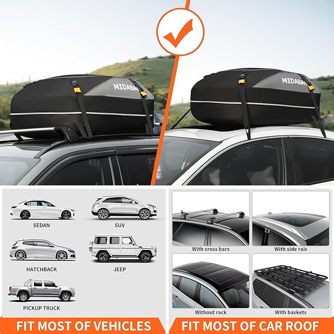 MIDABAO Waterproof Duty Car Roof Top Carrier-Car Cargo Roof Bag Car Roof Top Carrier - Waterproof & Coated Zippers- Includes Anti-Slip Mat- for Cars with or Without Racks (12 Cubic feet)