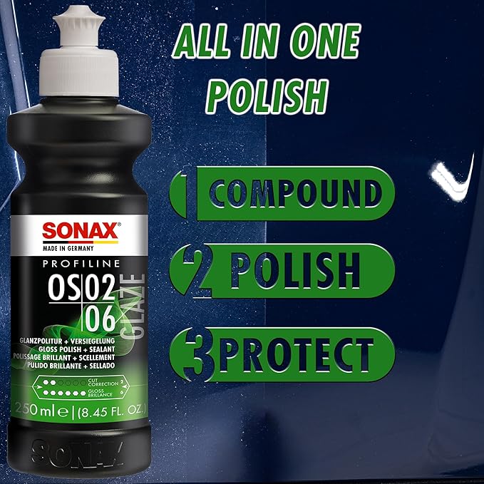 SONAX Glaze OS 02-06 247141 | All-in-One Car Polish for Scratch Removal, High-Gloss Finish & Ceramic Protection | SiO2-Based 6-Month Durability | Hologram-Free Results for All Paint | 250ml