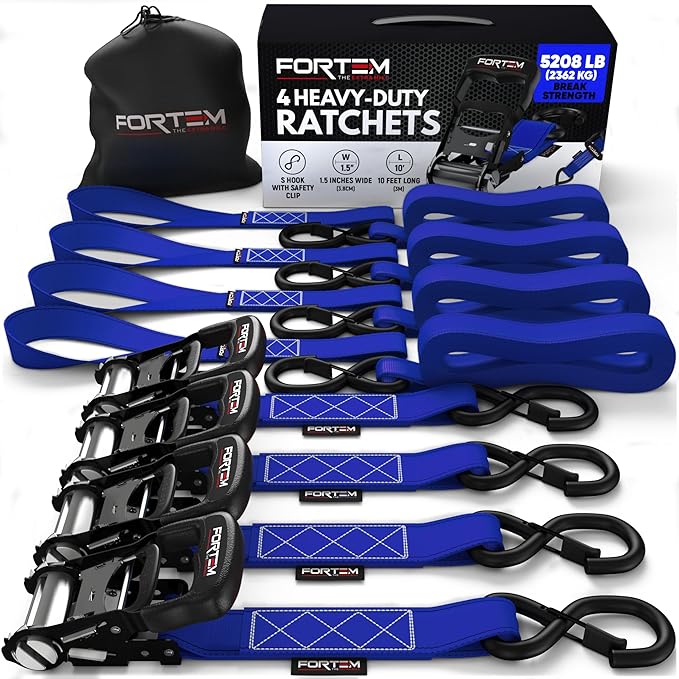 FORTEM Ratchet Tie Down Straps, 5208lb Break Strength, 4 Pack 10ft x 1.5in Heavy Duty Straps, 4 Soft Loops, Cam Buckles for Motorcycles, Safety Lock S Hooks, Carry Bag