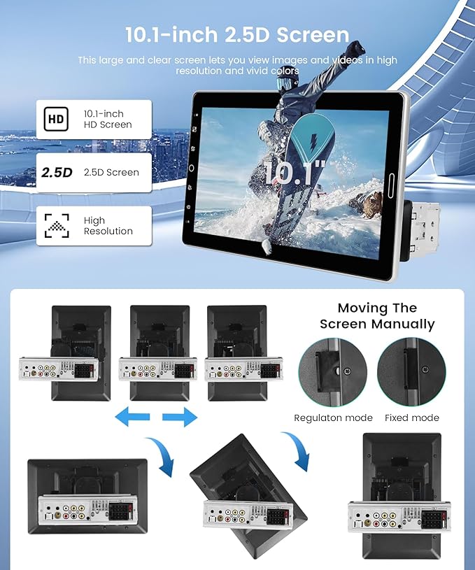 10.1 inch Single Din Car Stereo CarPlay Android Auto Mirror Link, Rimoody RotationalTouch Screen 1280x720 Car Radio with BT 5.2 FM/AM/RDS/EQ USB/AUX/TF/SWC/MIC Car Audio Receiver Backup Camera