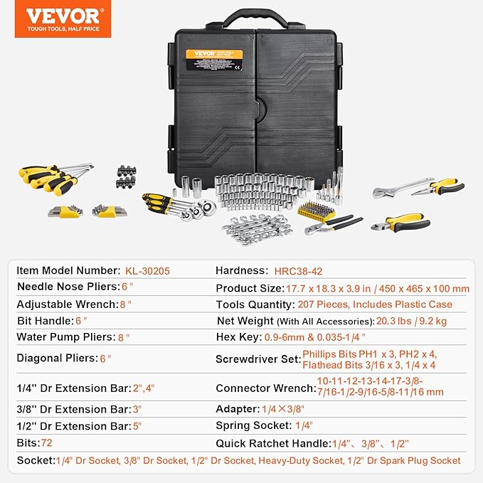 VEVOR Mechanics Tool Set 207 Pieces 1/4" 3/8" 1/2" Drive Sockets -SAE and Metric Mechanic Tool Kit with Bits - Wrenches, Ratchet Handle, Accessories, and Plastic Storage Case - for Automotive Repair