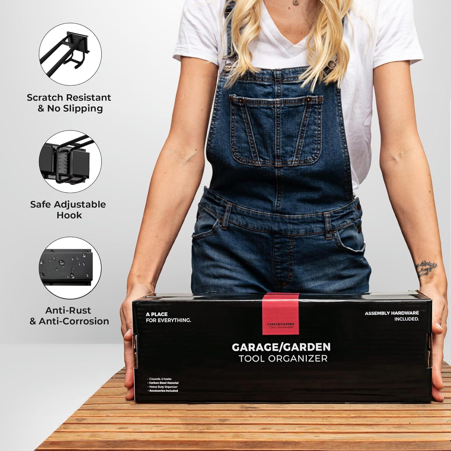 Garage Wall Organizer | 64" Heavy-Duty Tool Storage Rack | Adjustable Double-Layer Hooks | 400 lbs Capacity | Carbon Steel Wall Mount Holder for Shovels, Rakes, Ladders & Power Tools