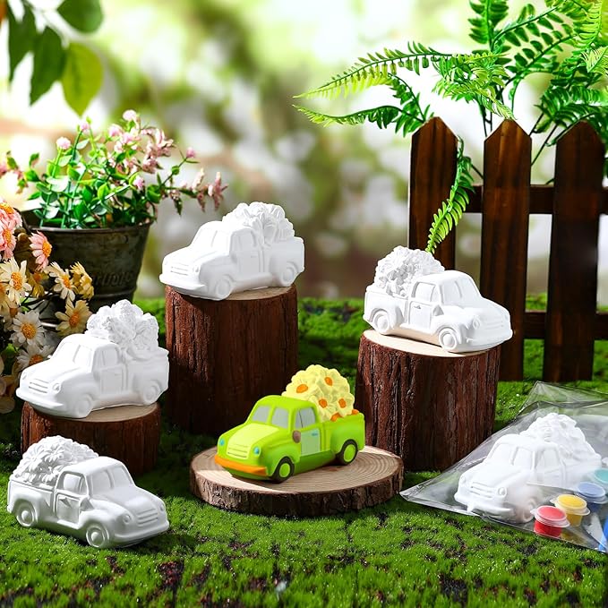 JellyArch 6 Set Spring DIY Painting Kit Ceramic 3D Ceramic Truck with Flowers to Paint Your Own Truck with Daisy Sunflower Tulip Statues Unpainted Plaster Craft with Brush Paint Bag for Adult
