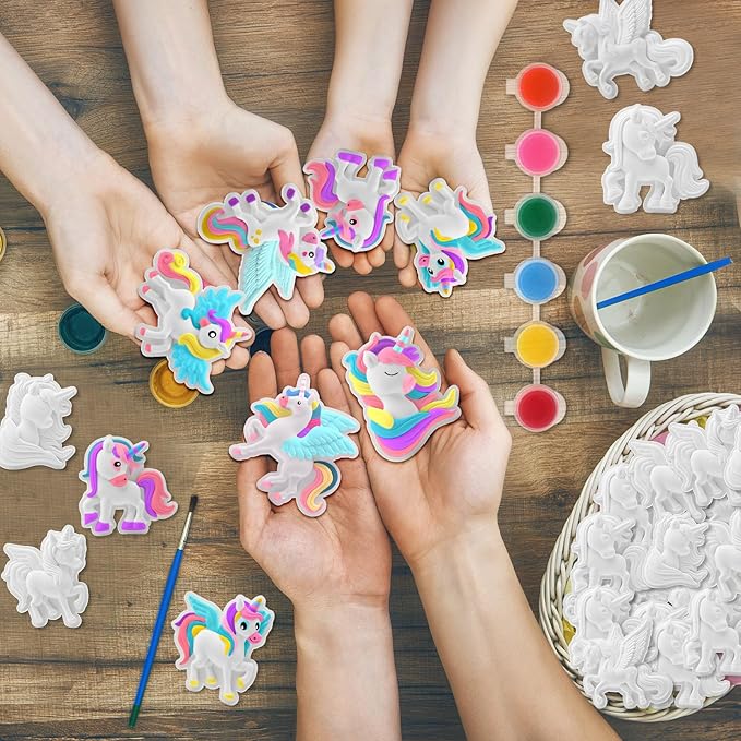 24 Set Unicorn DIY Painting Kit Ceramic to Paint Your Own Unicorn Statues Unpainted Plaster Figurines with Brushes Acrylic Bags Arts and Crafts Kits Party Favor for Adults