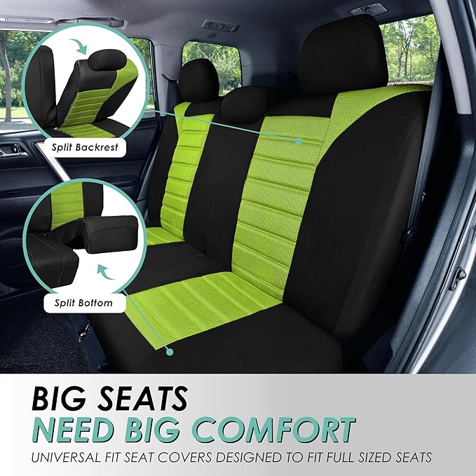 FH Group Automotive Car Seat Covers Full Set Premium 3D Air Mesh Front Seat Covers, Airbag Compatible & Split Bench Cover Universal Fit Interior Accessories for Cars Trucks and SUVs - Green